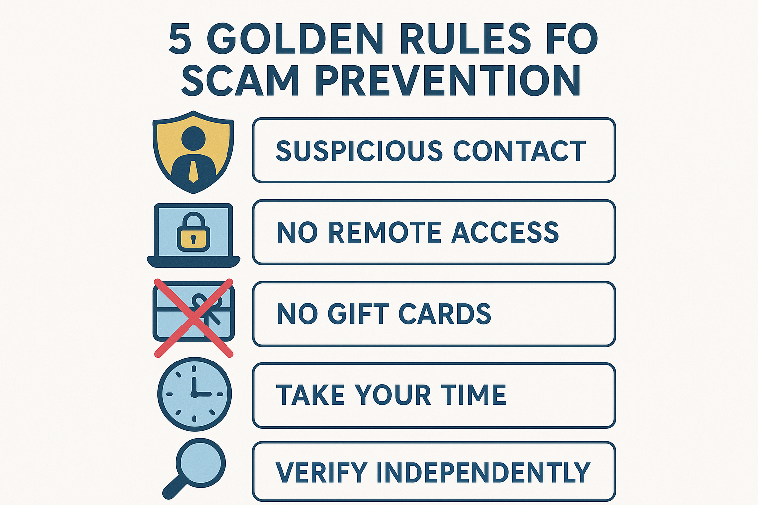Visual checklist of five golden rules for scam prevention for seniors: be suspicious of unsolicited contact, never give remote access, no gift card payments, take your time, verify independently