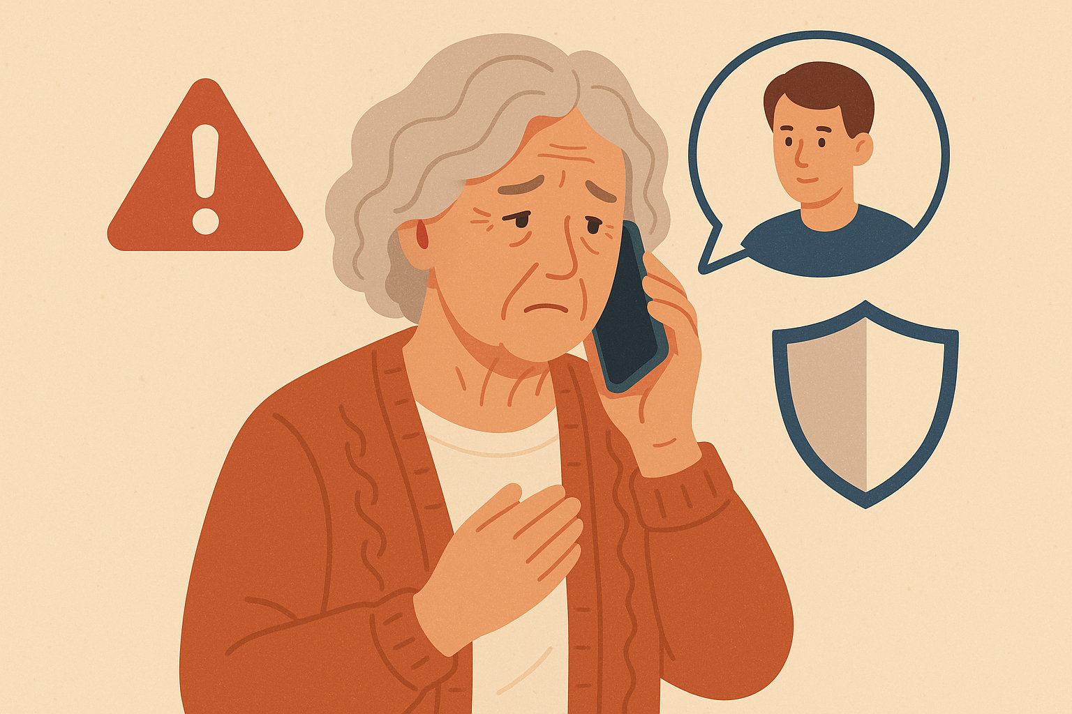 Warning illustration about grandparent scam showing a concerned senior on phone with red warning indicators, protective advice text