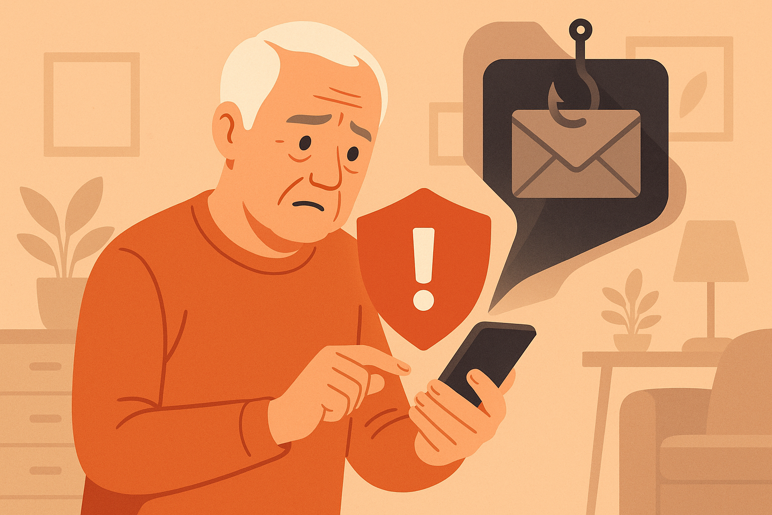 Senior in North York being protected by a digital shield from scam attempts on phone and computer