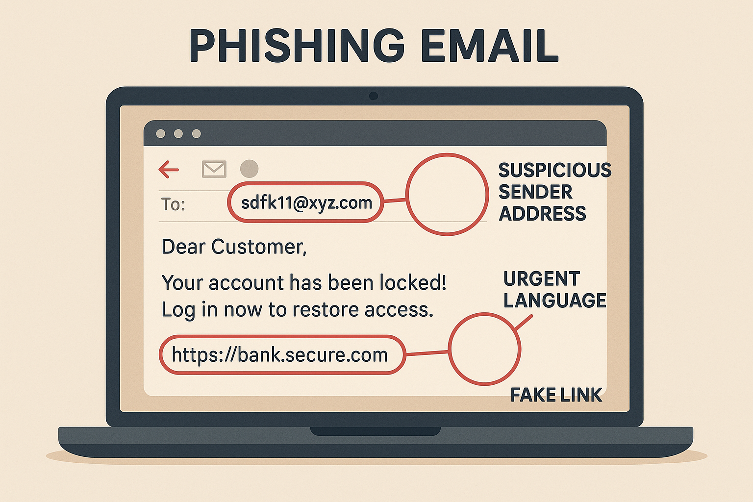 Example of a phishing email with red flags highlighted showing fake sender address, urgent language, and suspicious link for seniors to learn from