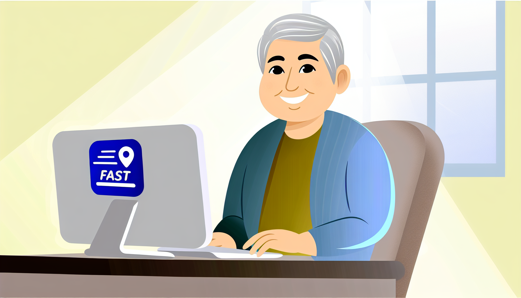 A senior person happily using a fast, well-organized computer