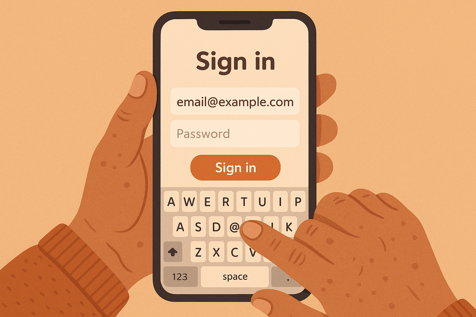 Close-up illustration of hands typing an email address into iPhone setup screen with large clear text