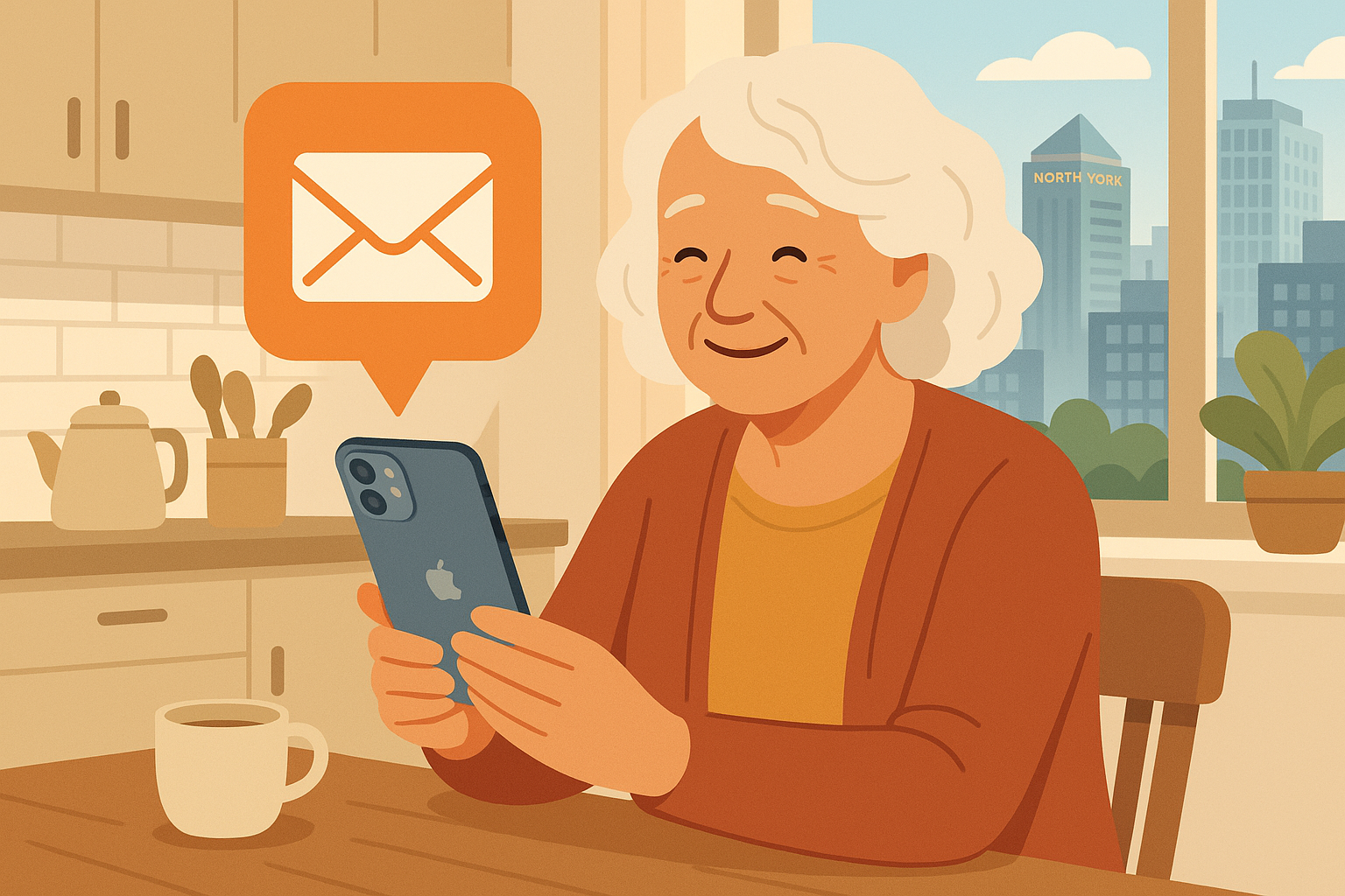 Senior woman in North York setting up email on her iPhone with a welcoming smile