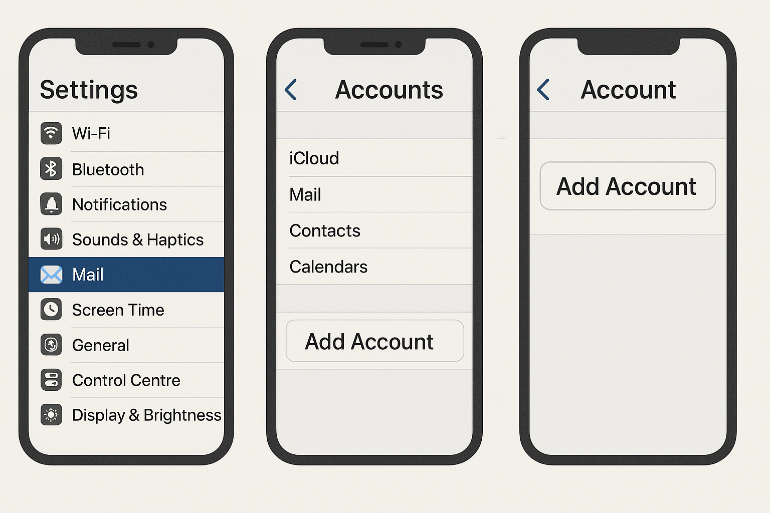 iPhone Settings screen showing the Mail section and Add Account button highlighted for seniors