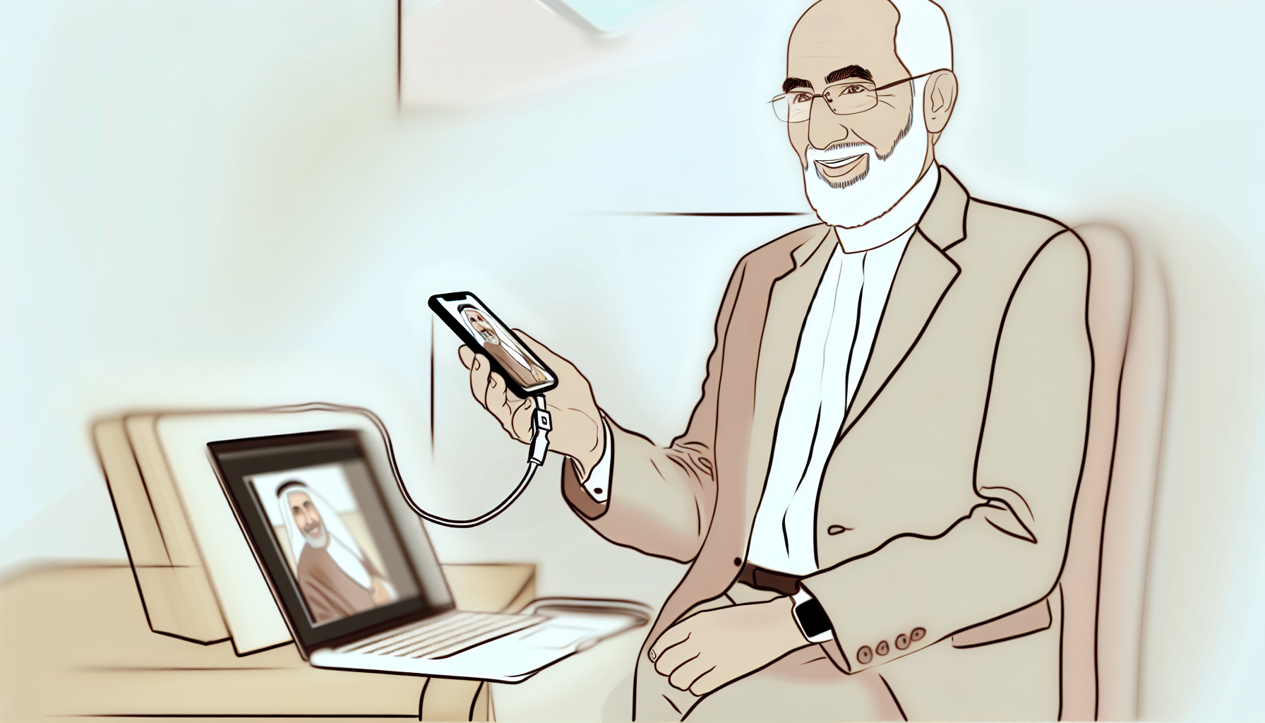 A senior person connecting their iPhone to a computer to transfer photos