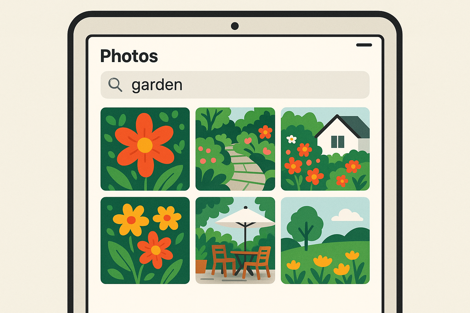 iPad Photos app search screen showing search results for 'garden' with flowers and outdoor photos appearing, demonstrating the powerful search feature for seniors