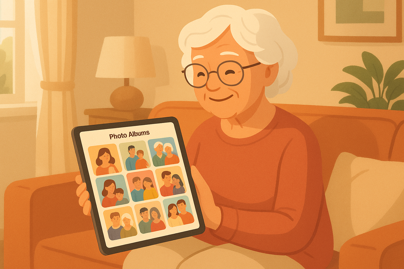 Illustration of a shared photo album concept with multiple family members contributing photos, showing grandparents, parents, and grandchildren connected through a shared iPad album