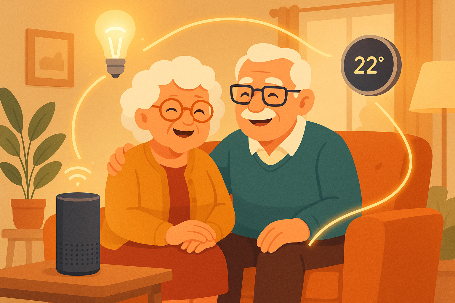 Step-by-step illustration showing a Google Nest smart speaker being set up in a senior's kitchen, with the Google Home app open on a phone nearby and voice command examples shown