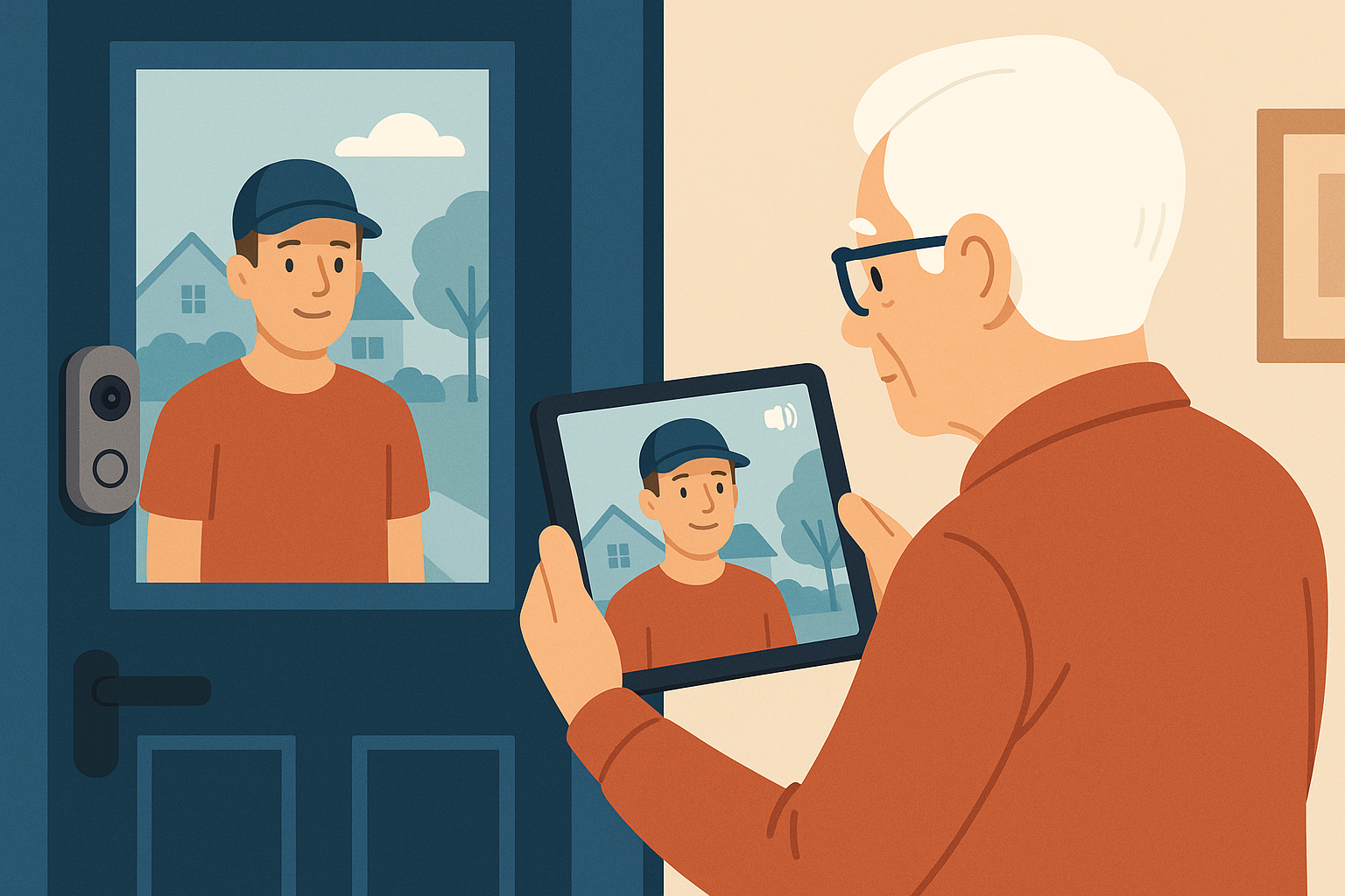 Illustration of a senior using their iPad to see who is at the front door through a video doorbell camera, showing the safety and convenience benefits for seniors in North York