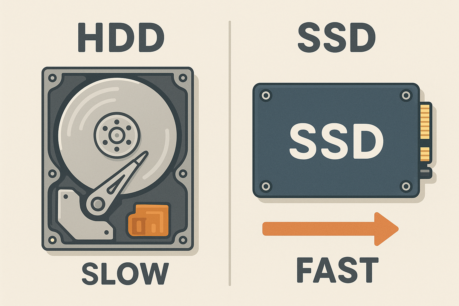 Side-by-side comparison illustration of an old hard drive HDD versus a modern SSD drive, showing the speed difference for seniors considering computer upgrades