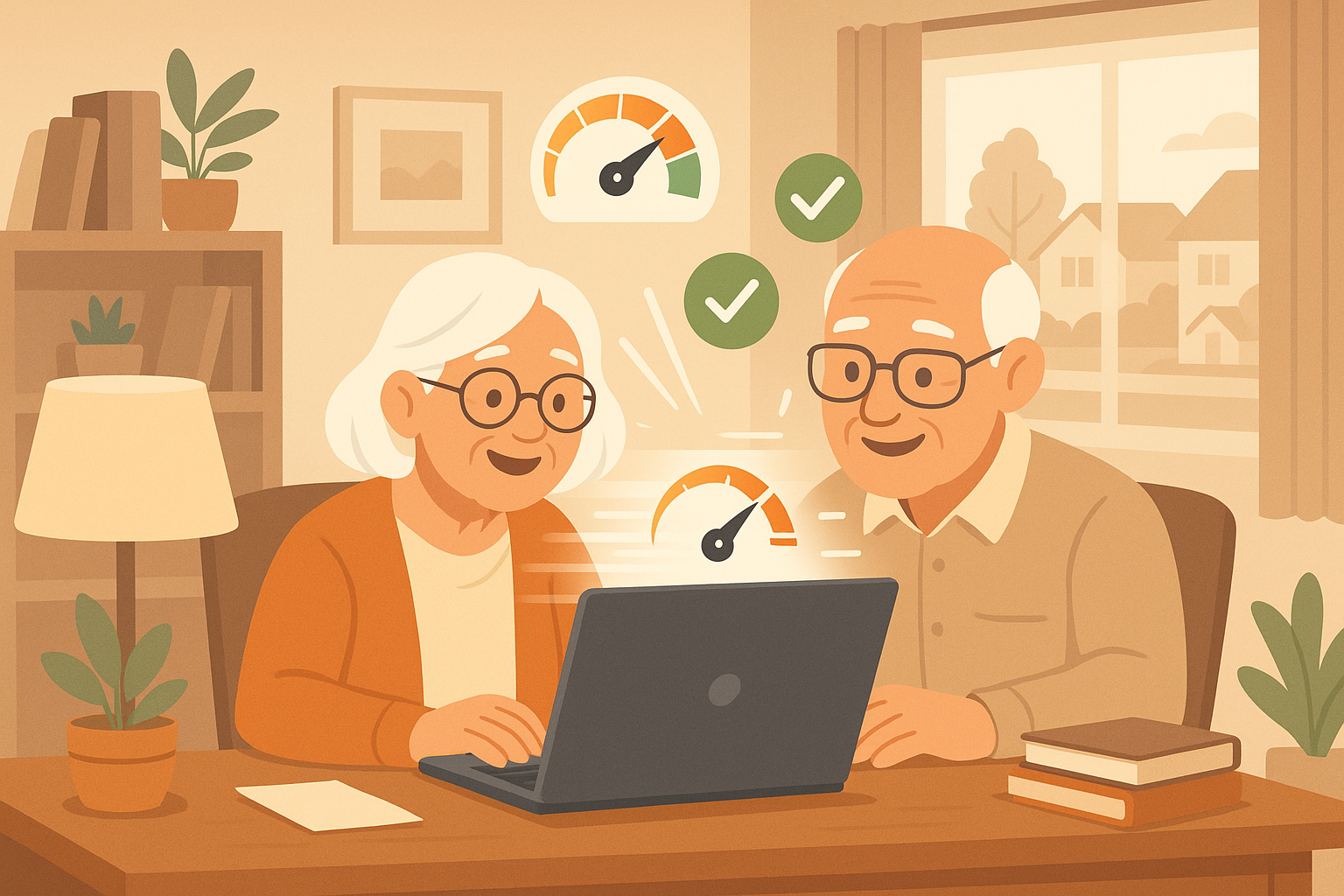 Senior couple in Toronto happily using a fast laptop computer with speed indicators showing improvement