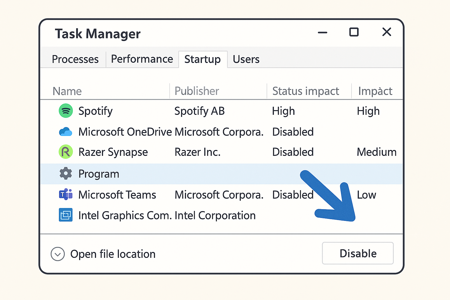 Illustration showing the Windows Task Manager startup tab with programs being disabled to speed up computer boot time for seniors