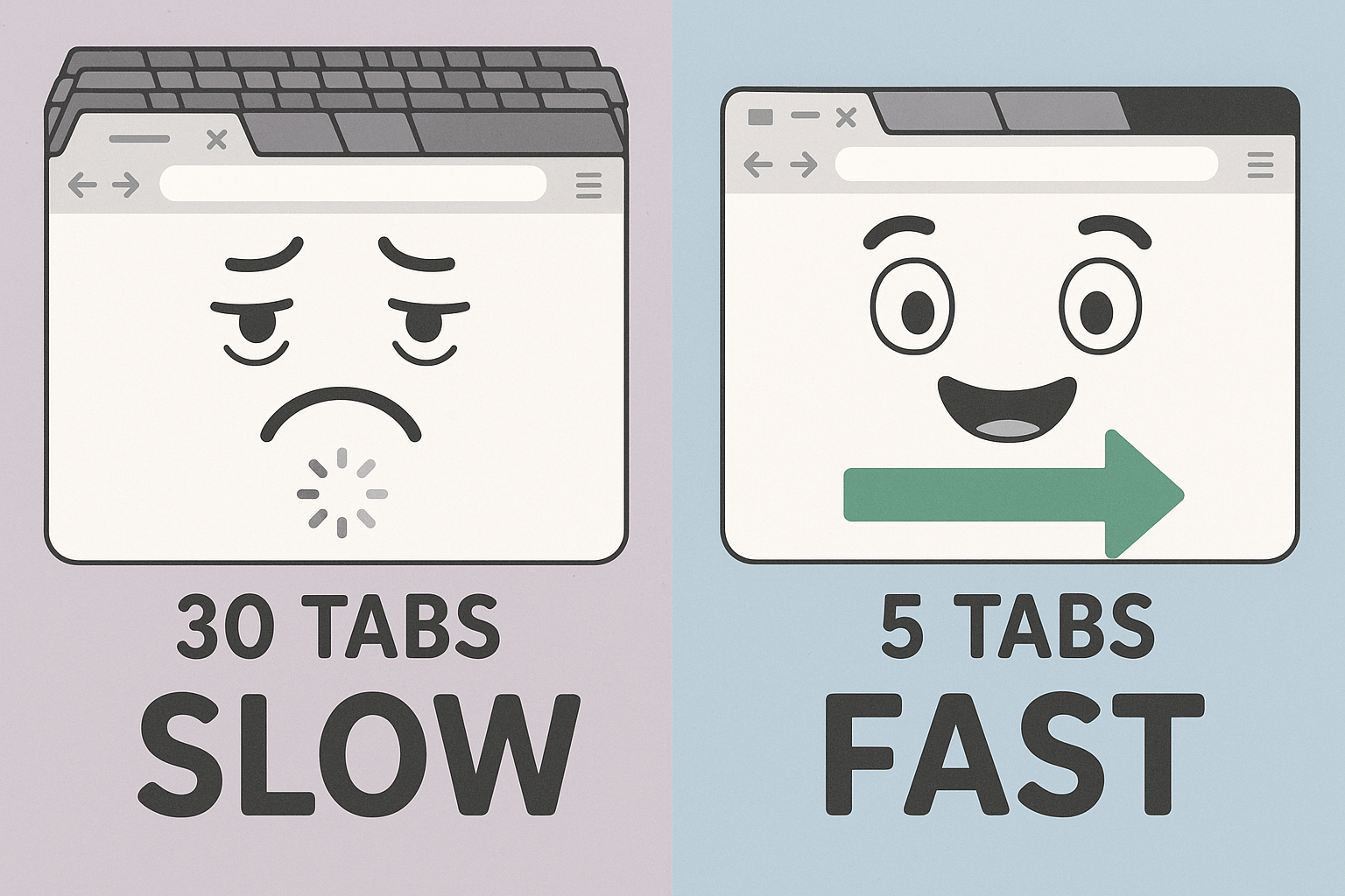 Illustration comparing a browser with too many tabs open versus a clean browser with few tabs, showing the impact on computer speed for seniors